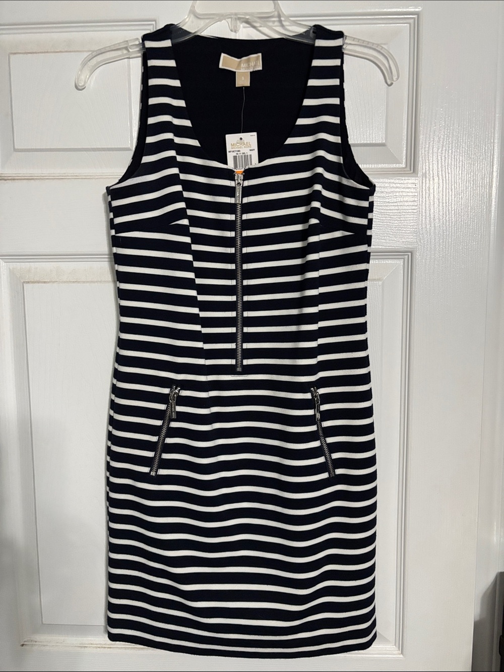 Michael Kors Navy & White Striped Sleeveless Zip-Front Mini Dress